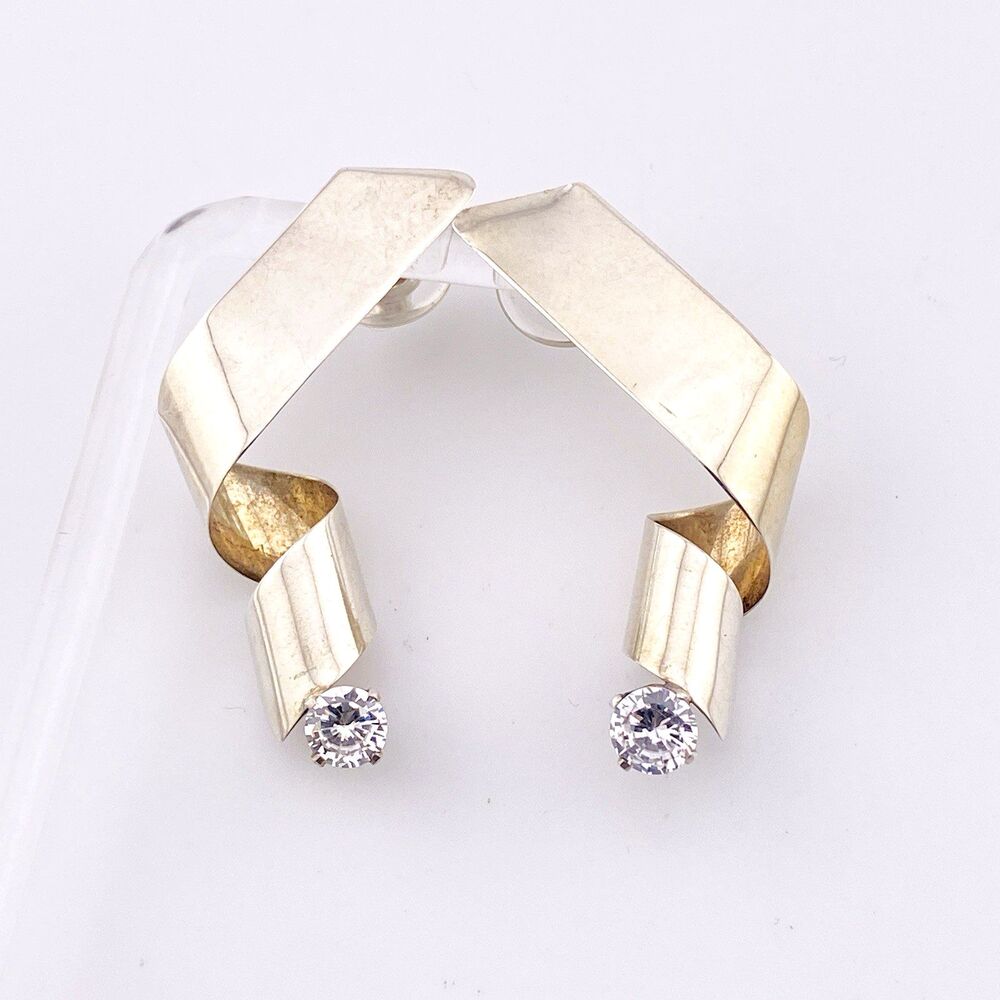 Sterling Silver Modernist Spiral Earrings Large CZ Posts Signed CCV